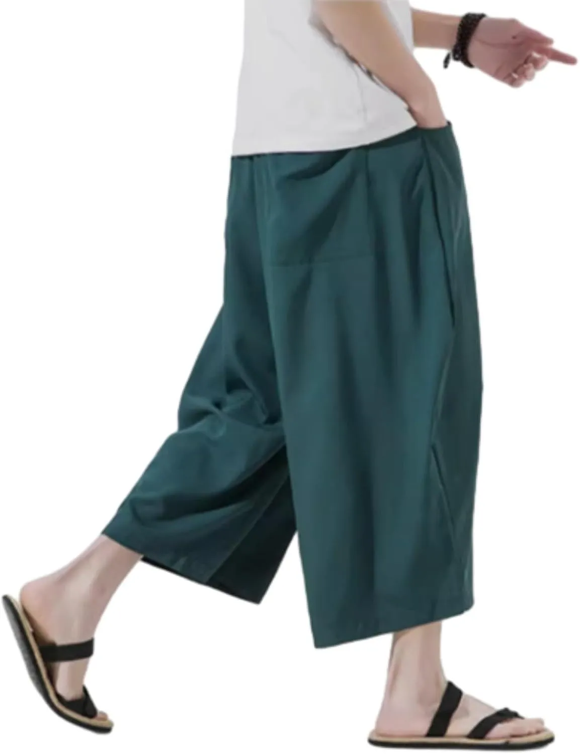 Harem Pants Men Casual Drawstring Elastic Waist Linen Cropped Trouser Loose Breatheable Shorts Beach Boho Yoga Pocket