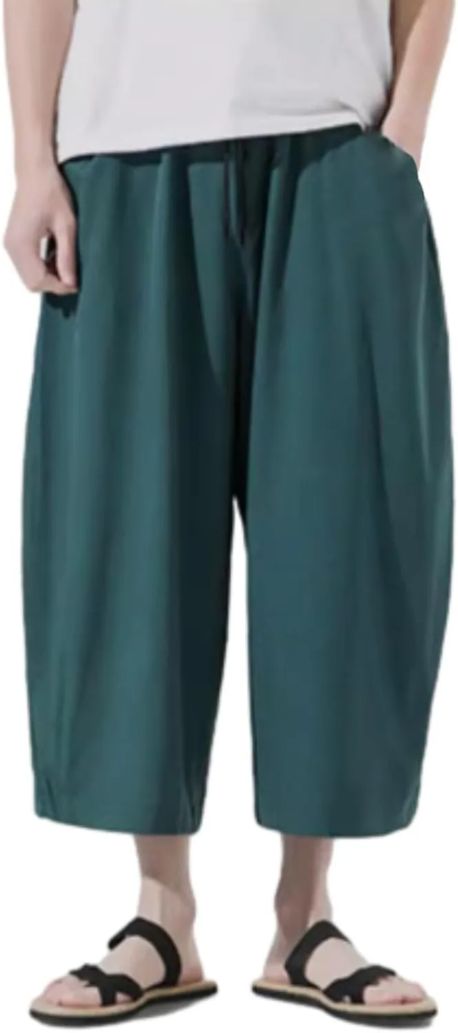 Harem Pants Men Casual Drawstring Elastic Waist Linen Cropped Trouser Loose Breatheable Shorts Beach Boho Yoga Pocket