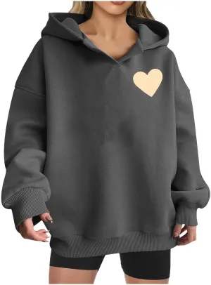 HGps8w Oversized Hoodies for Women Cute Heart Print Tops Loose Pullover Casual Long Sleeve Drop Shoulder Hooded Sweatshirt