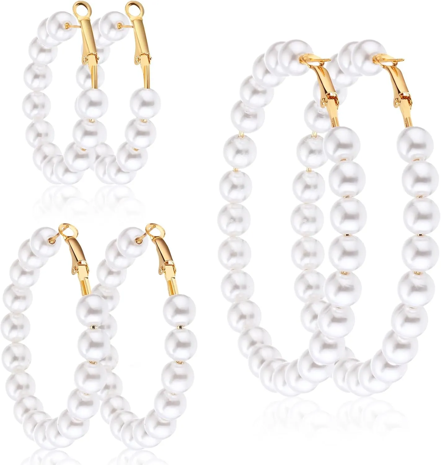 Hicarer 3 Pairs Pearl Hoop Earrings Pearl Earrings for Women Girlfriend Brides Gift Silver Earring Needle