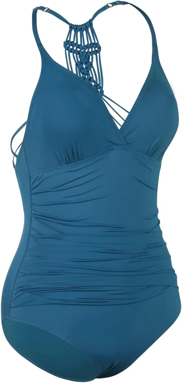 Hilor Women's Tummy Control One Piece Swimsuits Halter V Neck Push Up Slimming Bathing Suits Ruched Swimwear