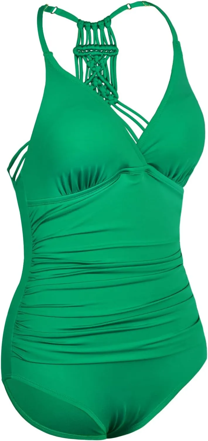 Hilor Women's Tummy Control One Piece Swimsuits Halter V Neck Push Up Slimming Bathing Suits Ruched Swimwear