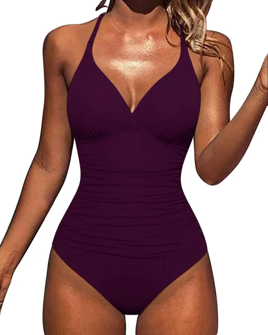 Hilor Women's Tummy Control One Piece Swimsuits Halter V Neck Push Up Slimming Bathing Suits Ruched Swimwear