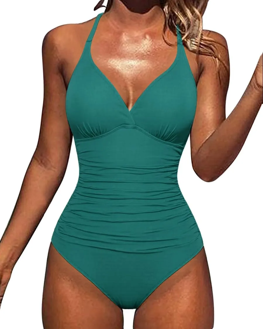 Hilor Women's Tummy Control One Piece Swimsuits Halter V Neck Push Up Slimming Bathing Suits Ruched Swimwear