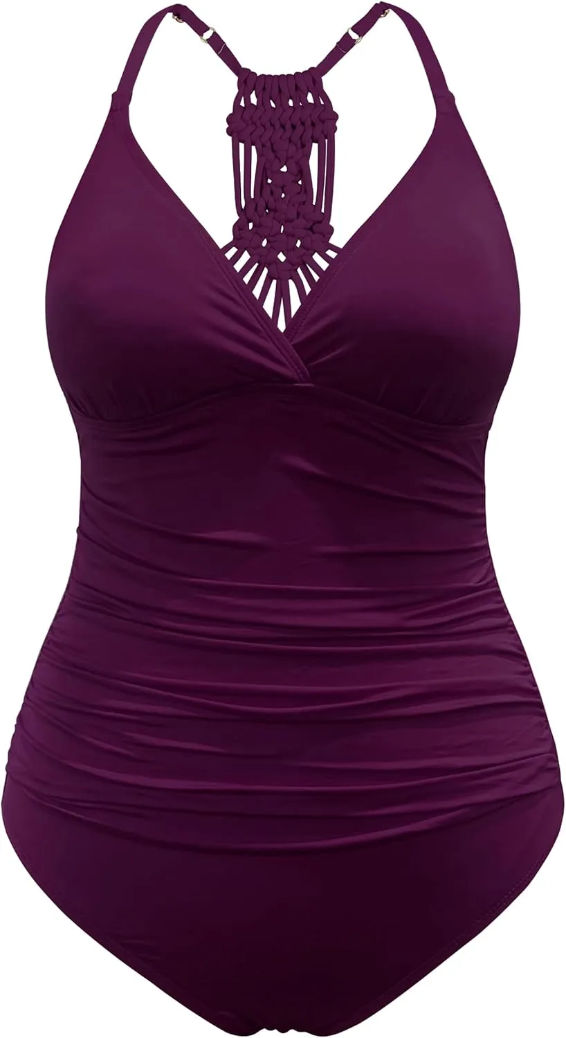 Hilor Women's Tummy Control One Piece Swimsuits Halter V Neck Push Up Slimming Bathing Suits Ruched Swimwear