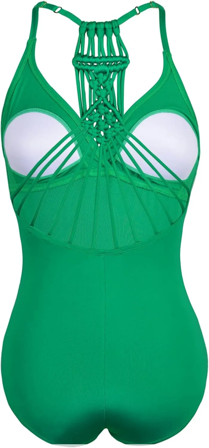 Hilor Women's Tummy Control One Piece Swimsuits Halter V Neck Push Up Slimming Bathing Suits Ruched Swimwear