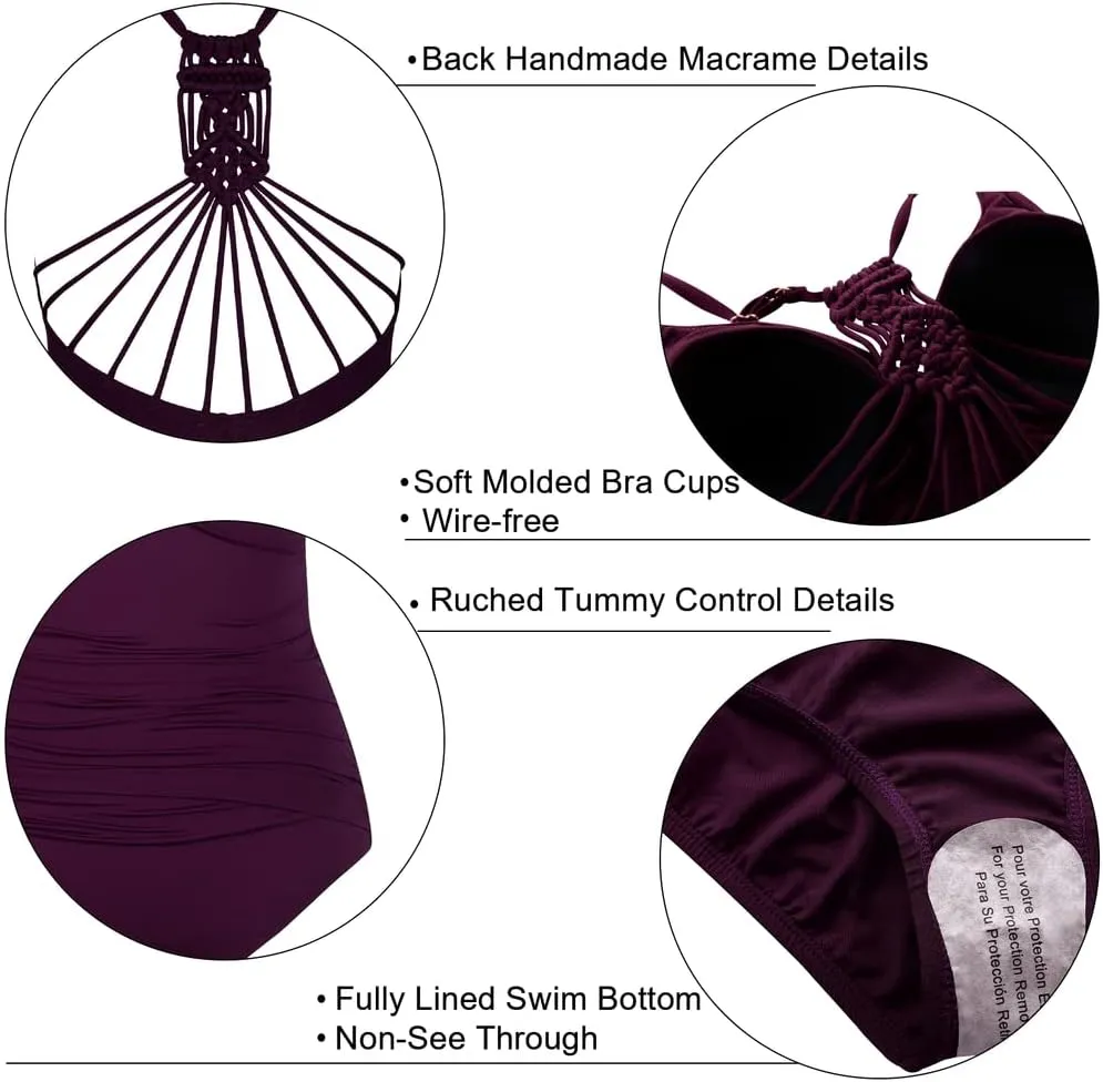 Hilor Women's Tummy Control One Piece Swimsuits Halter V Neck Push Up Slimming Bathing Suits Ruched Swimwear