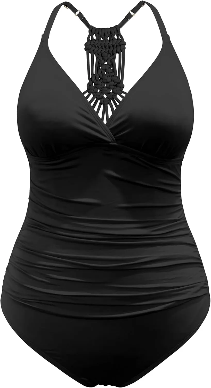 Hilor Women's Tummy Control One Piece Swimsuits Halter V Neck Push Up Slimming Bathing Suits Ruched Swimwear