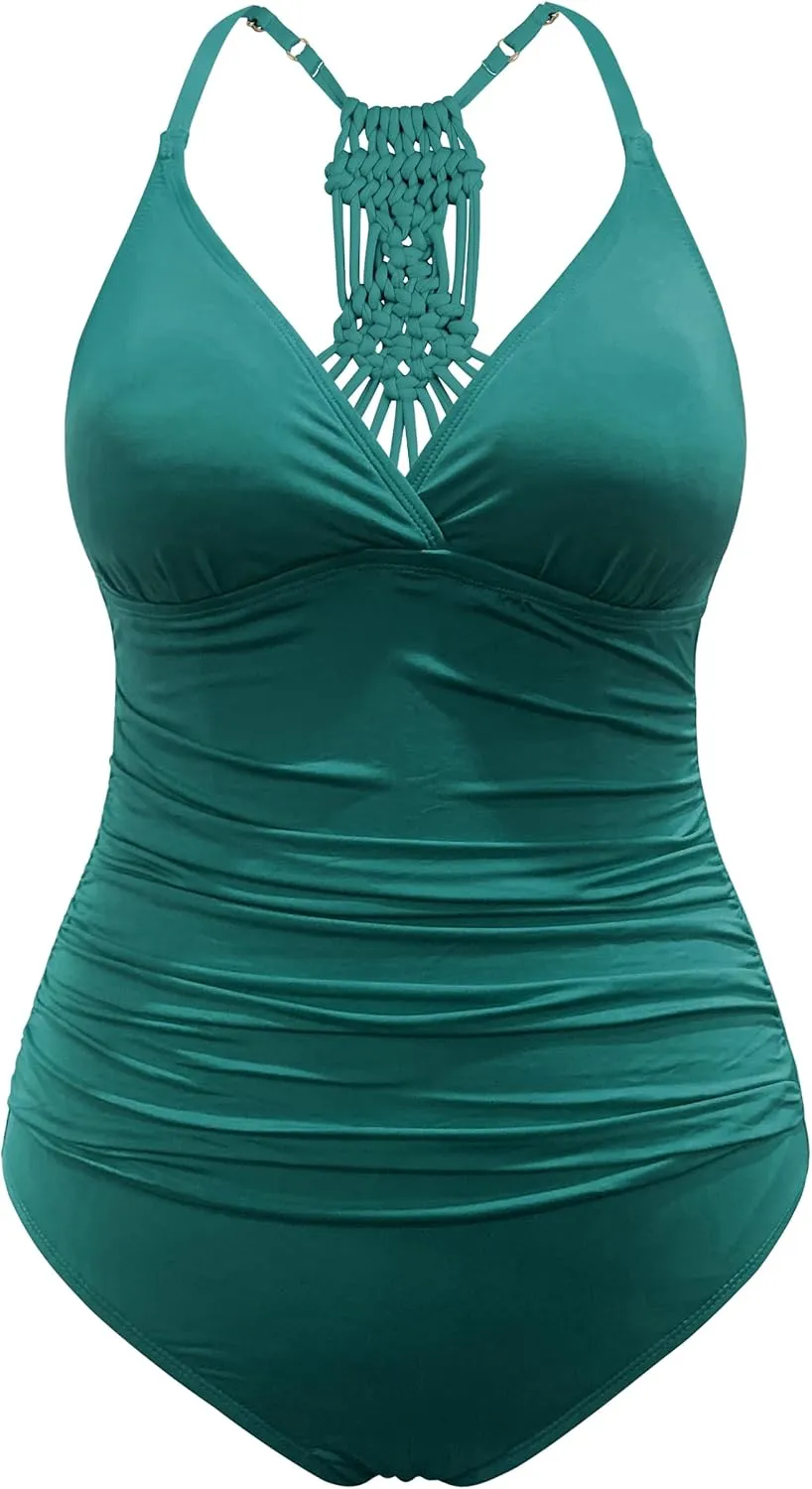 Hilor Women's Tummy Control One Piece Swimsuits Halter V Neck Push Up Slimming Bathing Suits Ruched Swimwear