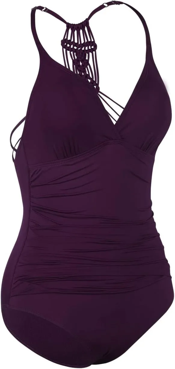 Hilor Women's Tummy Control One Piece Swimsuits Halter V Neck Push Up Slimming Bathing Suits Ruched Swimwear