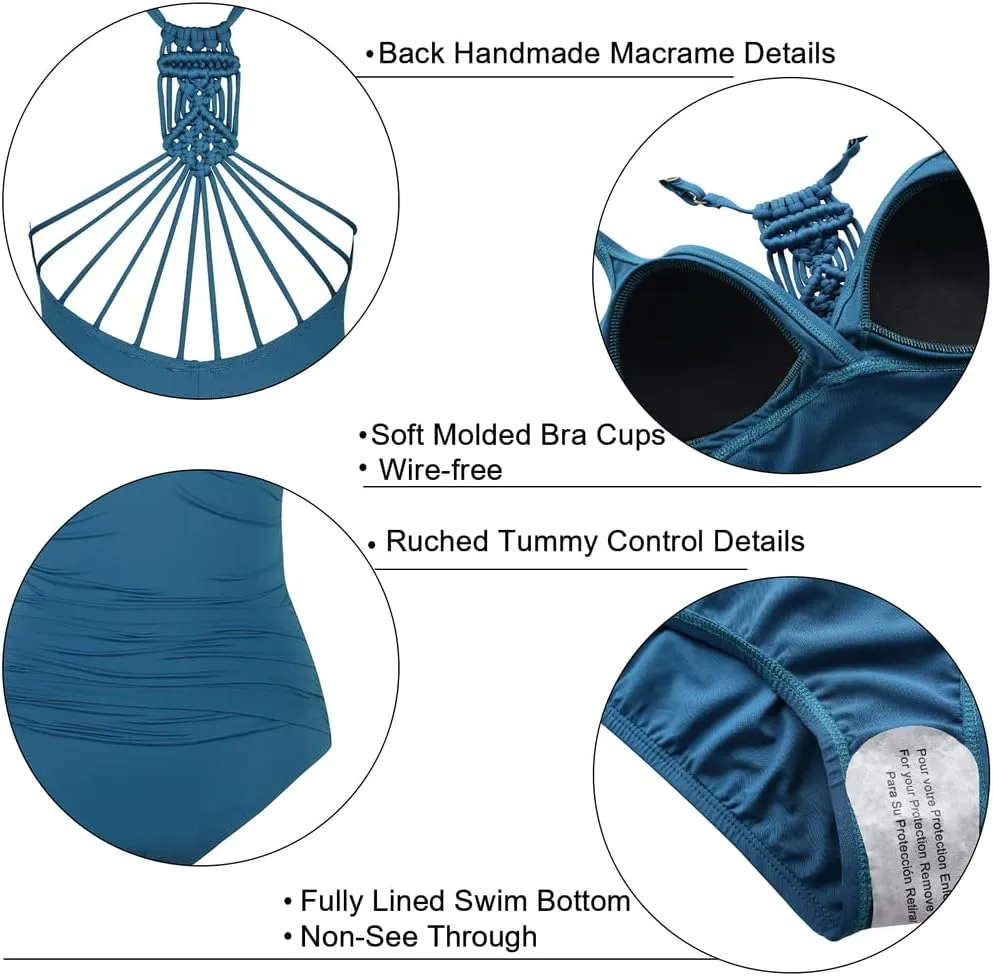 Hilor Women's Tummy Control One Piece Swimsuits Halter V Neck Push Up Slimming Bathing Suits Ruched Swimwear