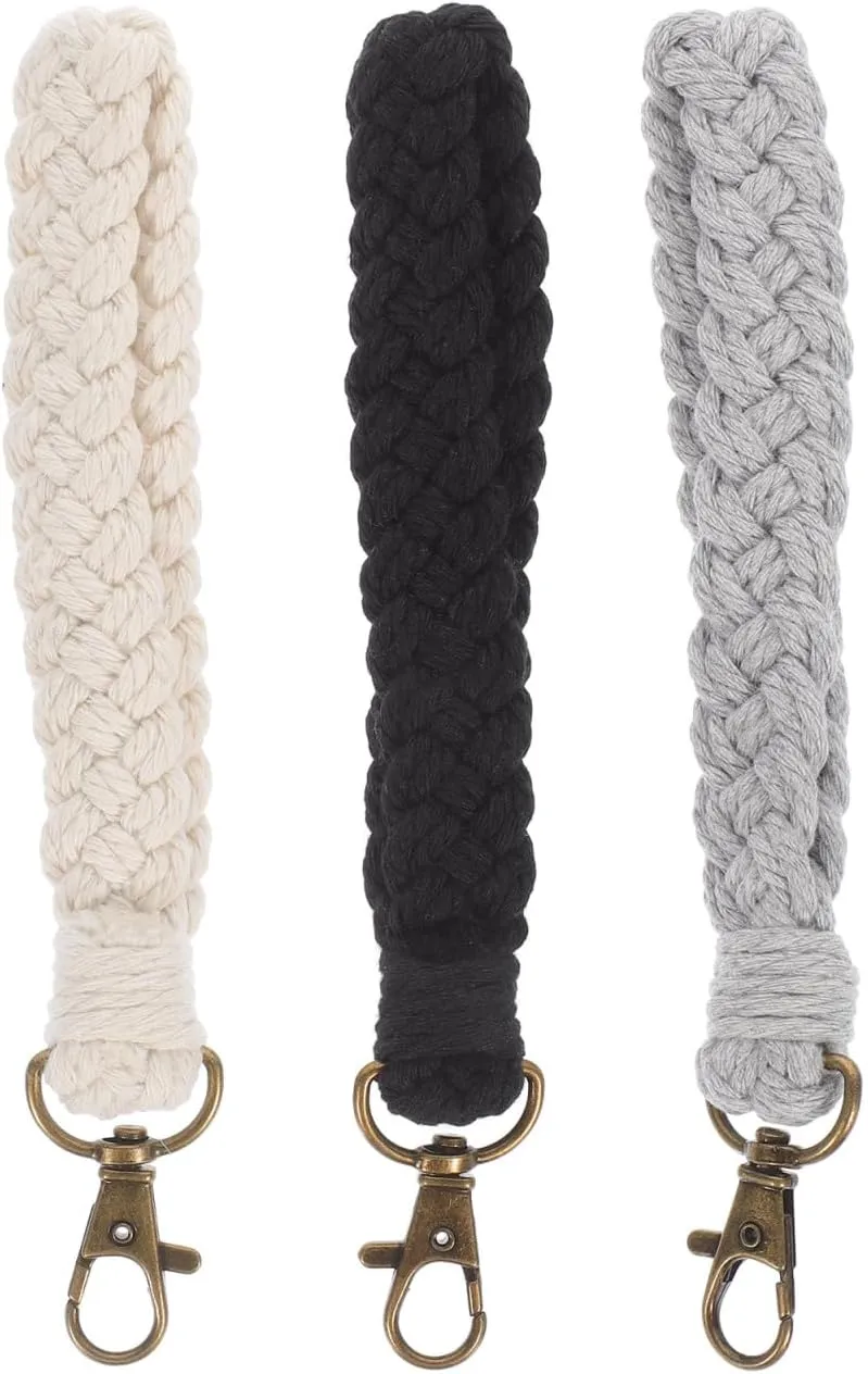Homoyoyo 3pcs Macrame Keychain Boho Wristlet Bracelet Purse Hanging Charms Keychain Country Style Wrist Lanyard Holder for Women Girls White Gray Black