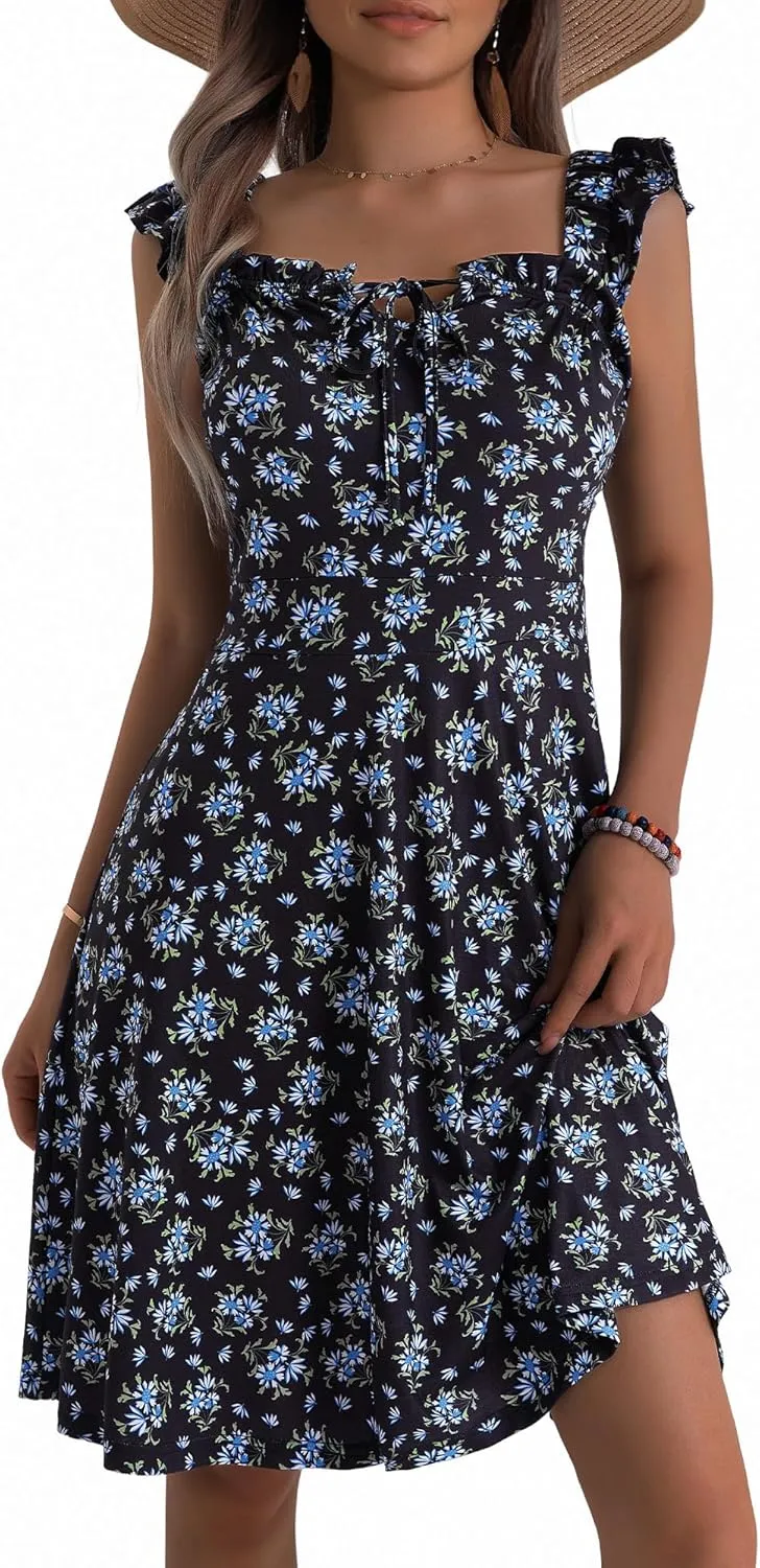 HUHOT Summer Sun Dresses for Women 2025 Adjustable Square Neck Sleeveless Midi Floral Graduation Beach Casaul Sundresses
