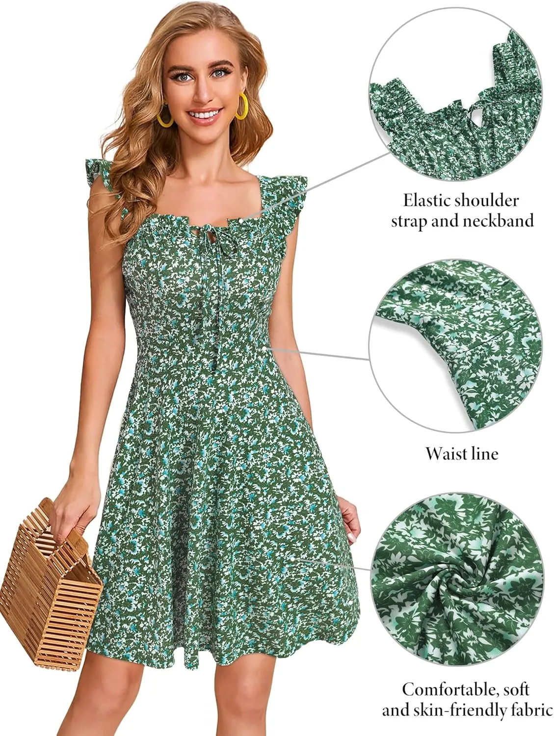 HUHOT Summer Sun Dresses for Women 2025 Adjustable Square Neck Sleeveless Midi Floral Graduation Beach Casaul Sundresses
