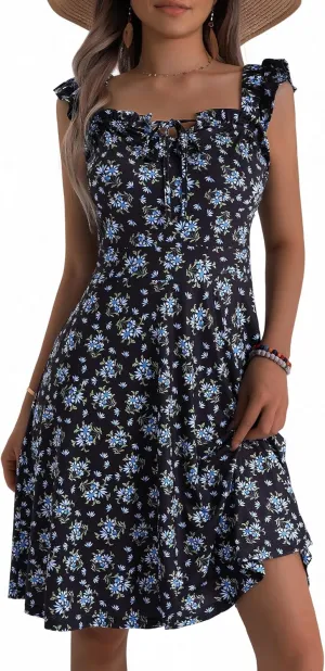 HUHOT Summer Sun Dresses for Women 2025 Adjustable Square Neck Sleeveless Midi Floral Graduation Beach Casaul Sundresses
