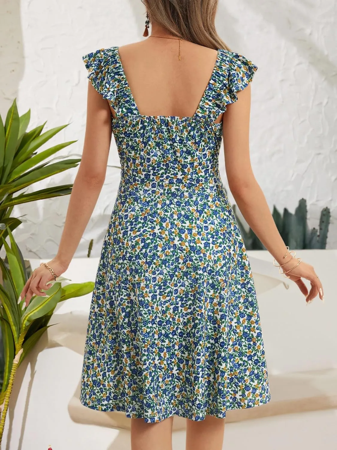HUHOT Summer Sun Dresses for Women 2025 Adjustable Square Neck Sleeveless Midi Floral Graduation Beach Casaul Sundresses