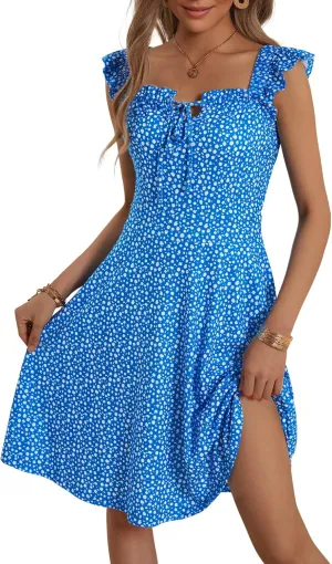 HUHOT Summer Sun Dresses for Women 2025 Adjustable Square Neck Sleeveless Midi Floral Graduation Beach Casaul Sundresses