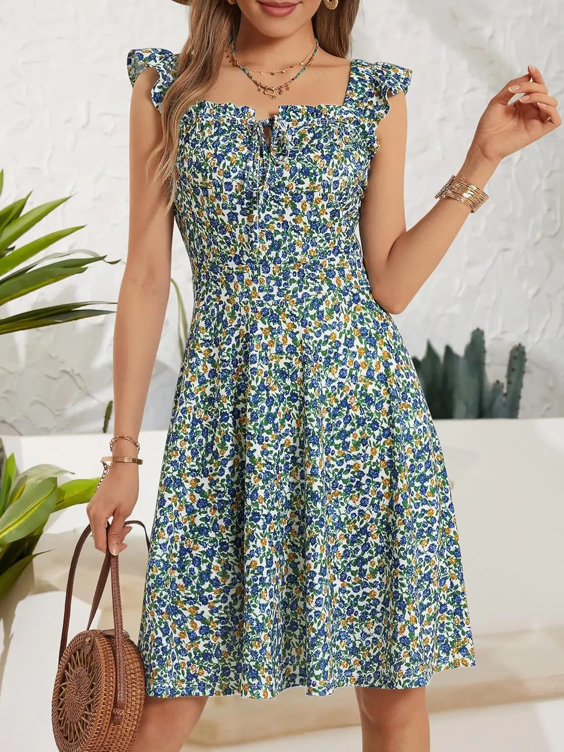 HUHOT Summer Sun Dresses for Women 2025 Adjustable Square Neck Sleeveless Midi Floral Graduation Beach Casaul Sundresses