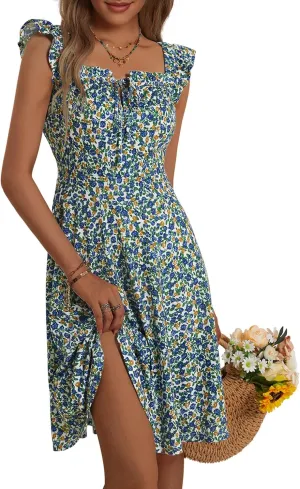 HUHOT Summer Sun Dresses for Women 2025 Adjustable Square Neck Sleeveless Midi Floral Graduation Beach Casaul Sundresses