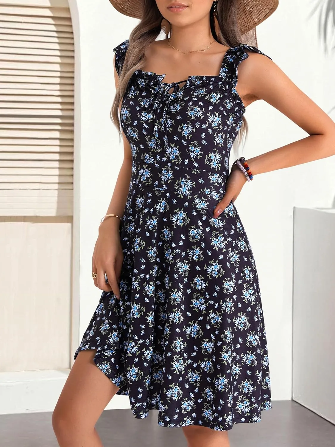 HUHOT Summer Sun Dresses for Women 2025 Adjustable Square Neck Sleeveless Midi Floral Graduation Beach Casaul Sundresses