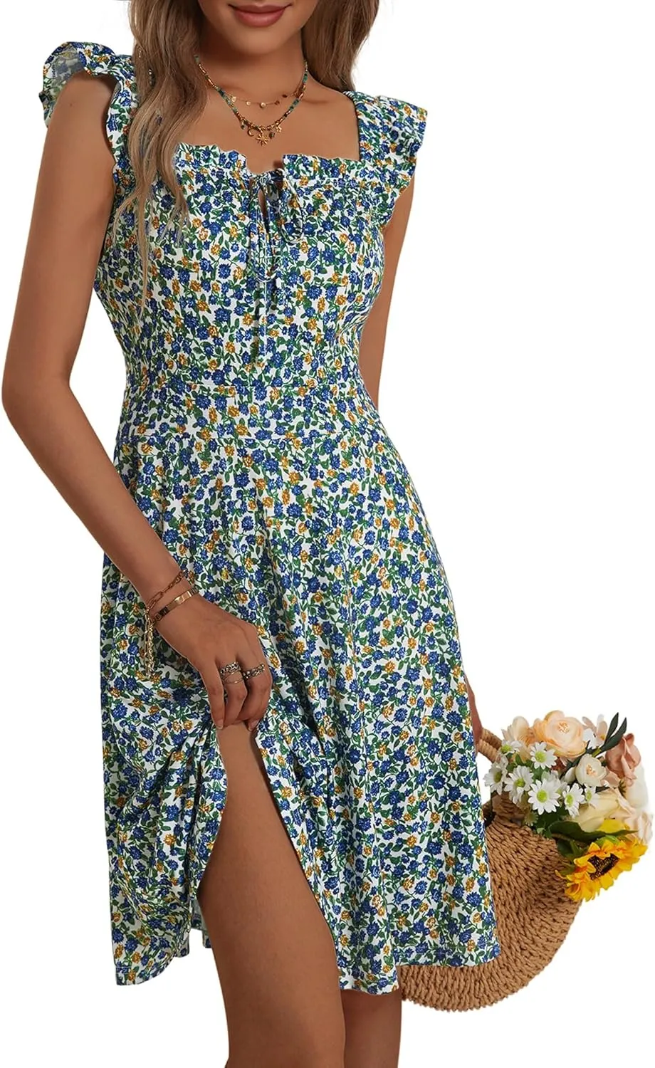 HUHOT Summer Sun Dresses for Women 2025 Adjustable Square Neck Sleeveless Midi Floral Graduation Beach Casaul Sundresses