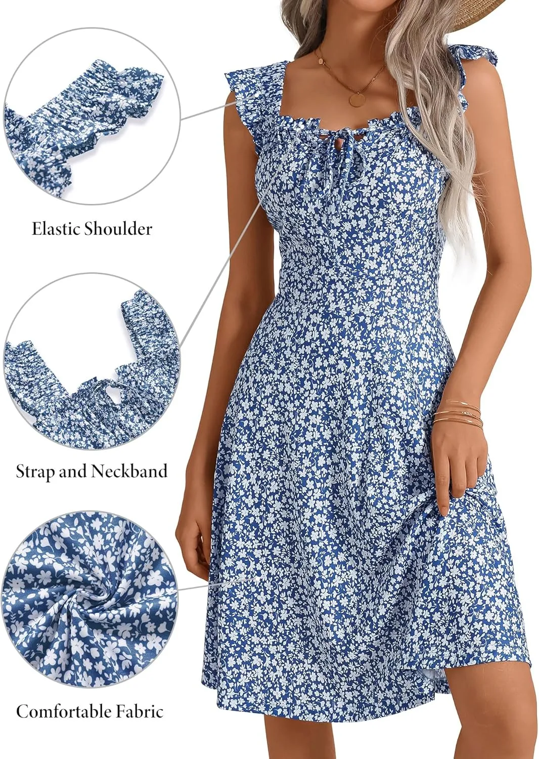 HUHOT Summer Sun Dresses for Women 2025 Adjustable Square Neck Sleeveless Midi Floral Graduation Beach Casaul Sundresses
