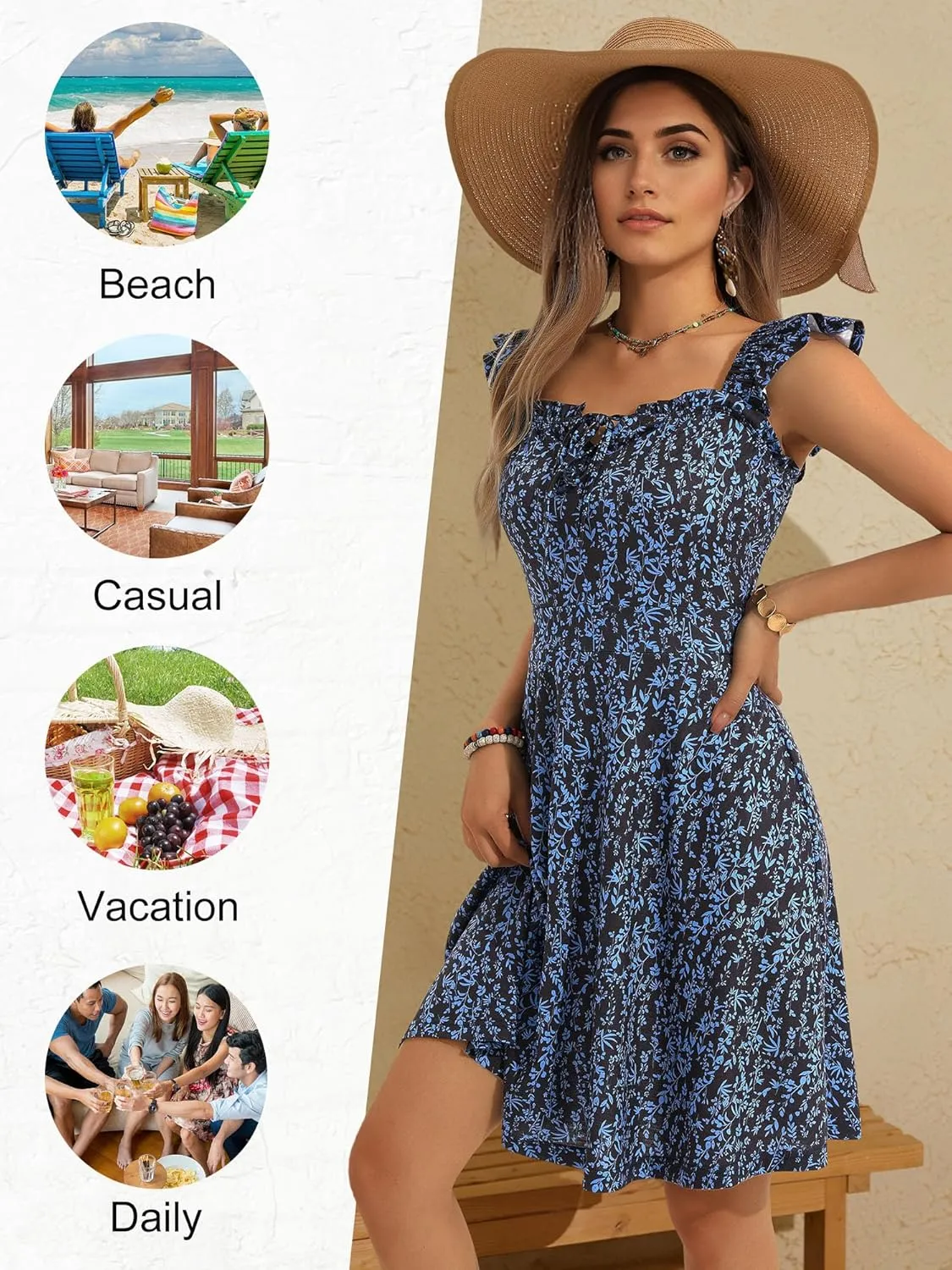 HUHOT Summer Sun Dresses for Women 2025 Adjustable Square Neck Sleeveless Midi Floral Graduation Beach Casaul Sundresses