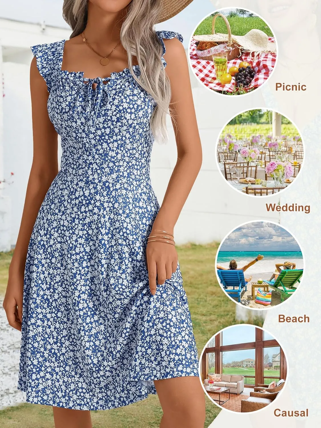HUHOT Summer Sun Dresses for Women 2025 Adjustable Square Neck Sleeveless Midi Floral Graduation Beach Casaul Sundresses