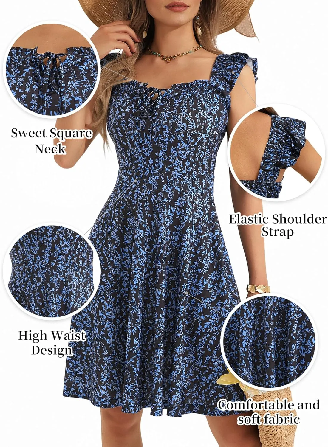 HUHOT Summer Sun Dresses for Women 2025 Adjustable Square Neck Sleeveless Midi Floral Graduation Beach Casaul Sundresses