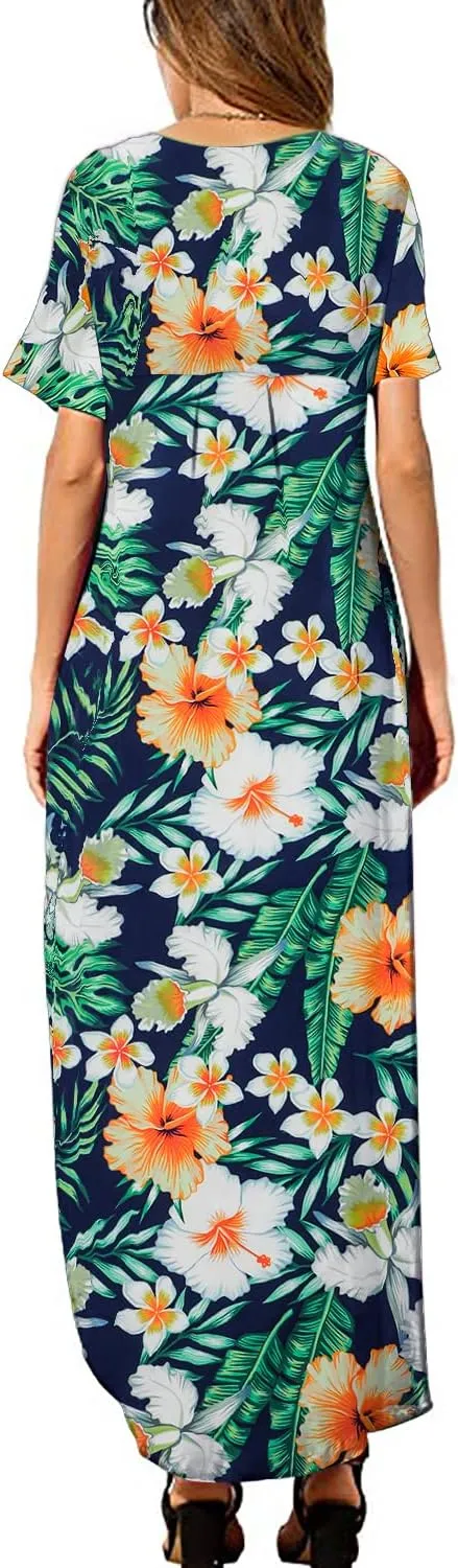 HUSKARY Women's Summer Maxi Dress Casual Loose Pockets Long Dress Short Sleeve Split Maxi Dresses