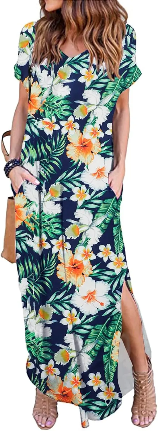 HUSKARY Women's Summer Maxi Dress Casual Loose Pockets Long Dress Short Sleeve Split Maxi Dresses