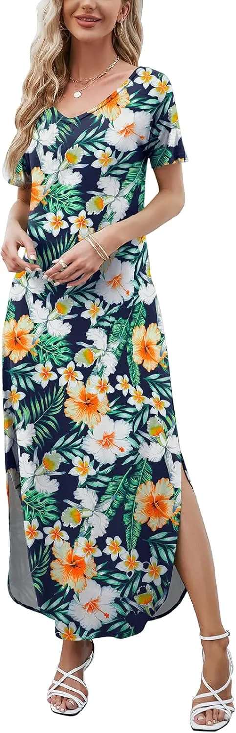 HUSKARY Women's Summer Maxi Dress Casual Loose Pockets Long Dress Short Sleeve Split Maxi Dresses