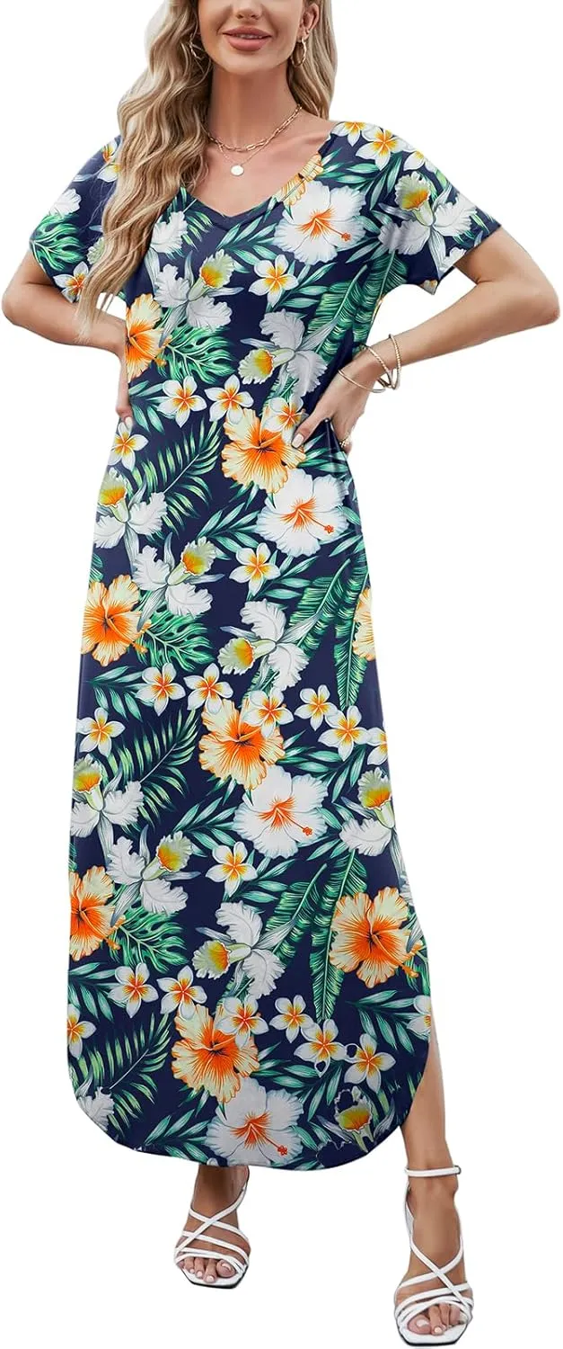 HUSKARY Women's Summer Maxi Dress Casual Loose Pockets Long Dress Short Sleeve Split Maxi Dresses