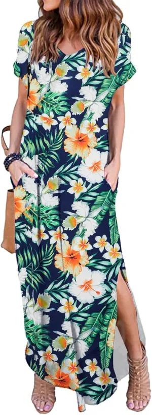 HUSKARY Women's Summer Maxi Dress Casual Loose Pockets Long Dress Short Sleeve Split Maxi Dresses