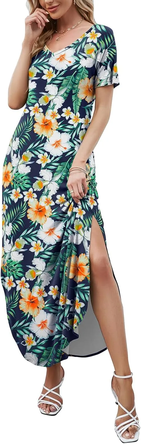 HUSKARY Women's Summer Maxi Dress Casual Loose Pockets Long Dress Short Sleeve Split Maxi Dresses