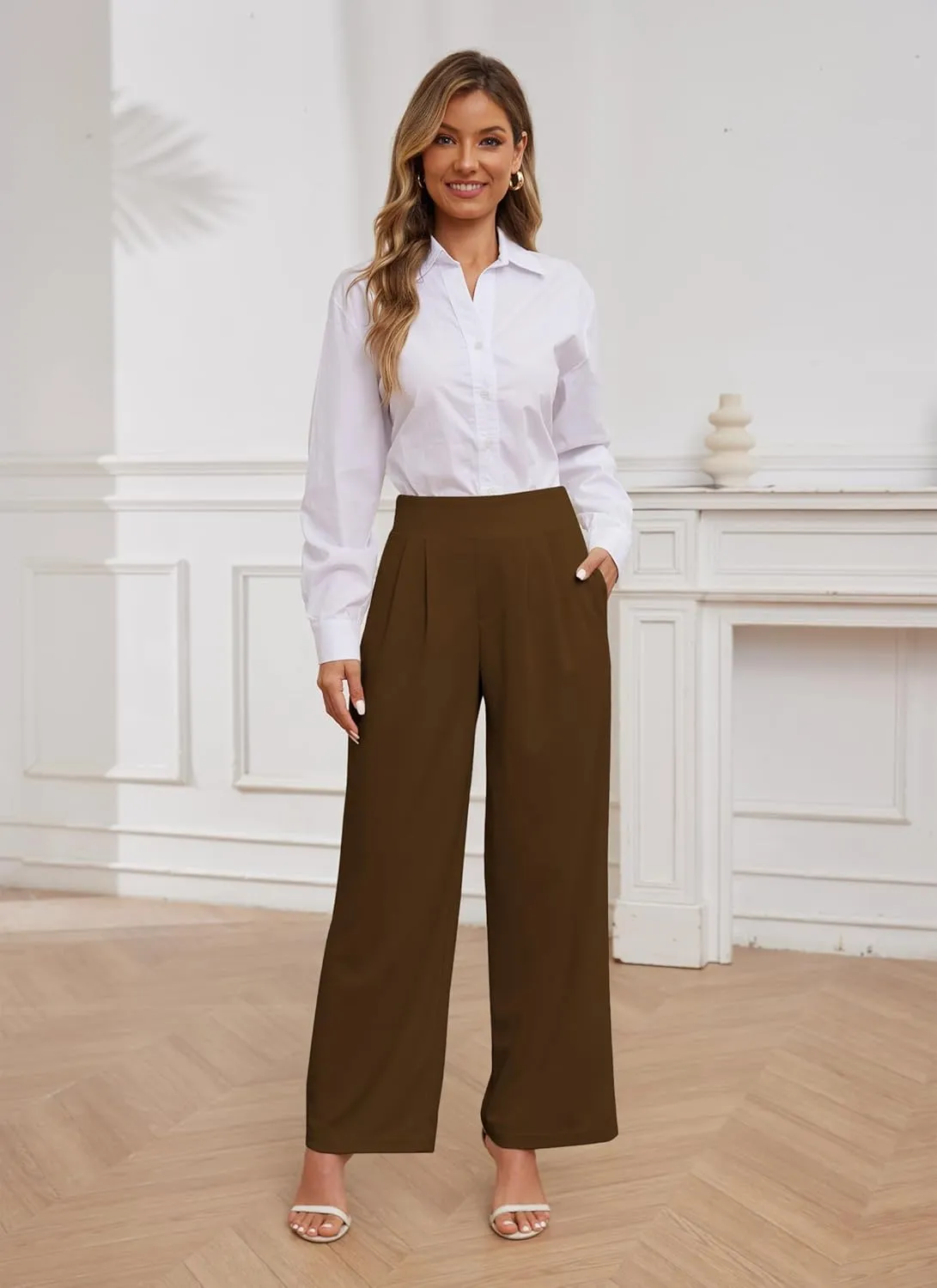 HVT Wide Leg Pants for Women High Elastic Waisted Work Pants Business Palazzo Trousers with Pockets