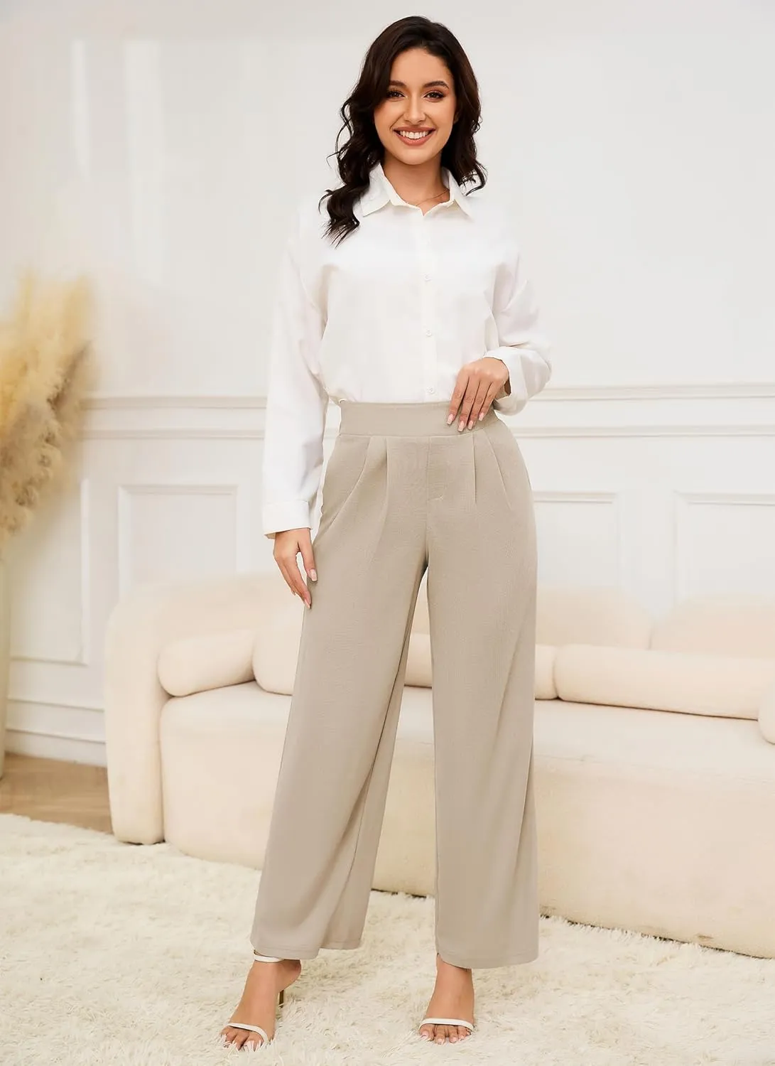 HVT Wide Leg Pants for Women High Elastic Waisted Work Pants Business Palazzo Trousers with Pockets