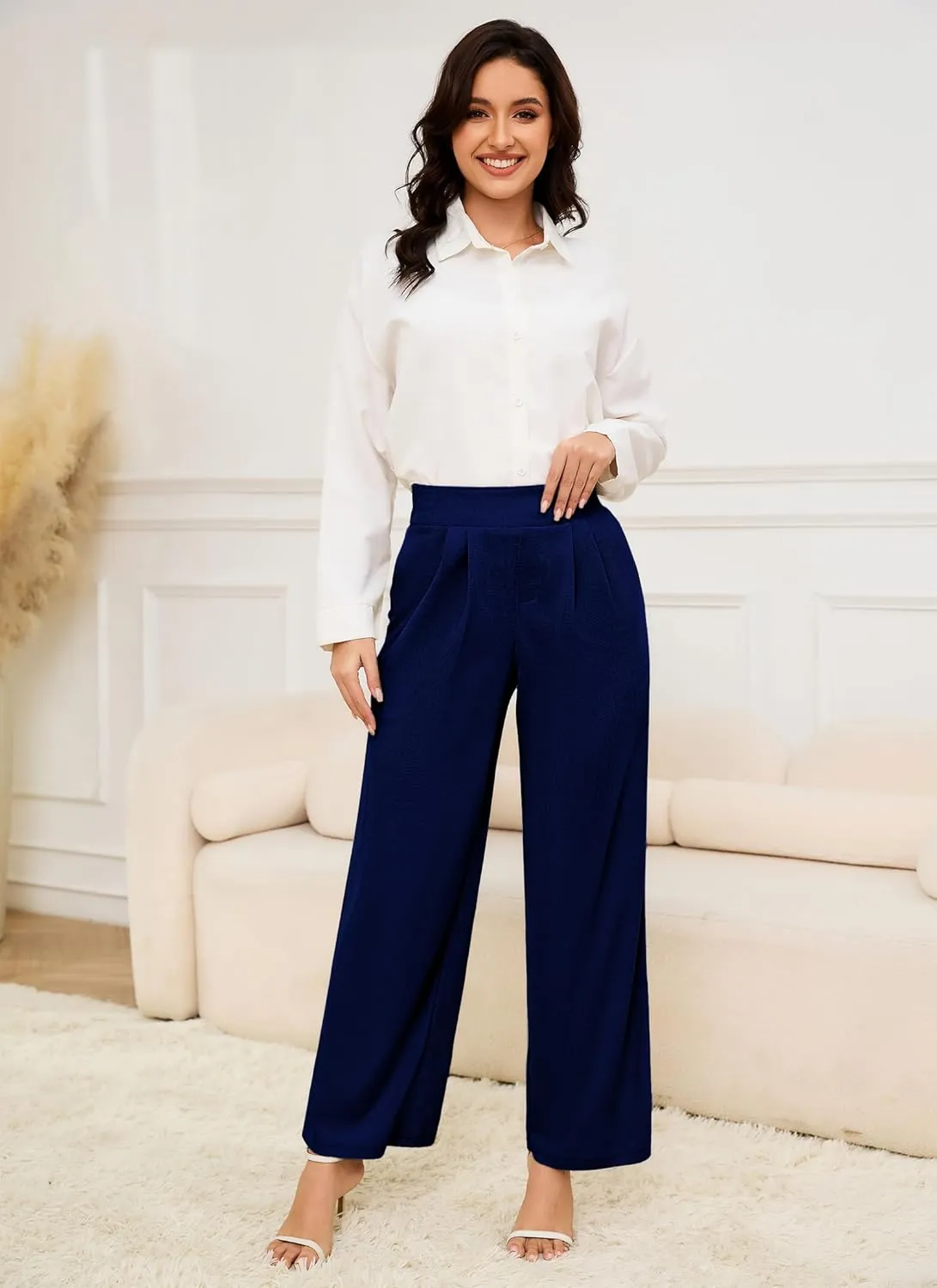 HVT Wide Leg Pants for Women High Elastic Waisted Work Pants Business Palazzo Trousers with Pockets