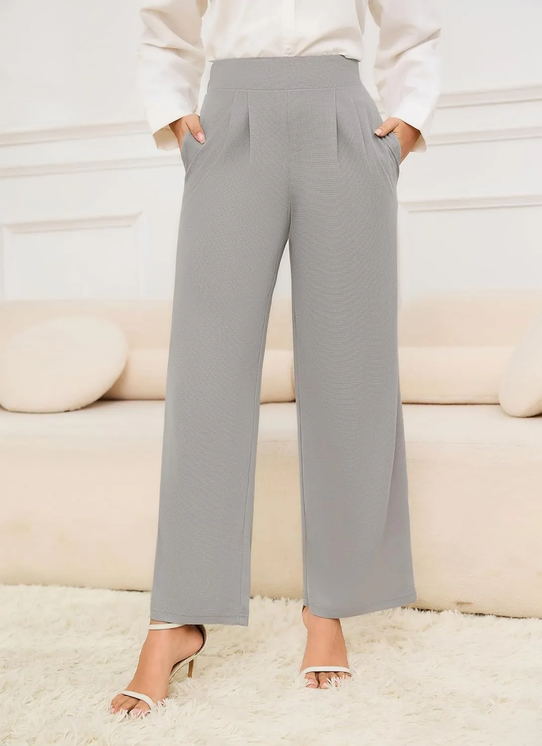 HVT Wide Leg Pants for Women High Elastic Waisted Work Pants Business Palazzo Trousers with Pockets