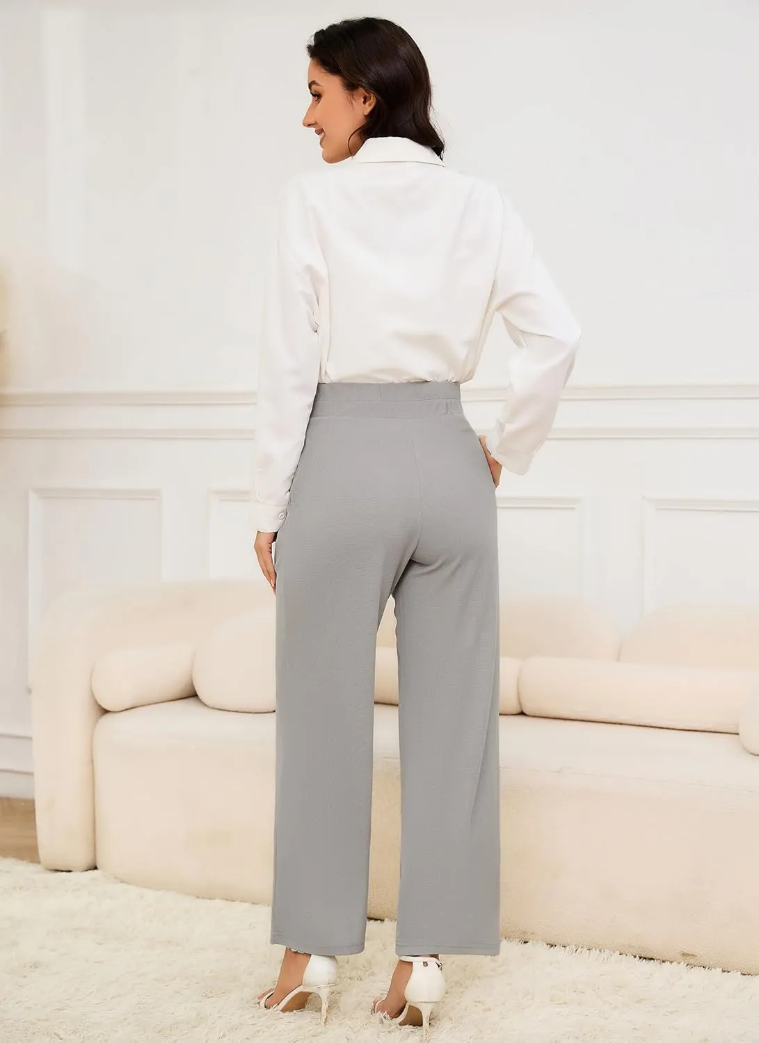 HVT Wide Leg Pants for Women High Elastic Waisted Work Pants Business Palazzo Trousers with Pockets