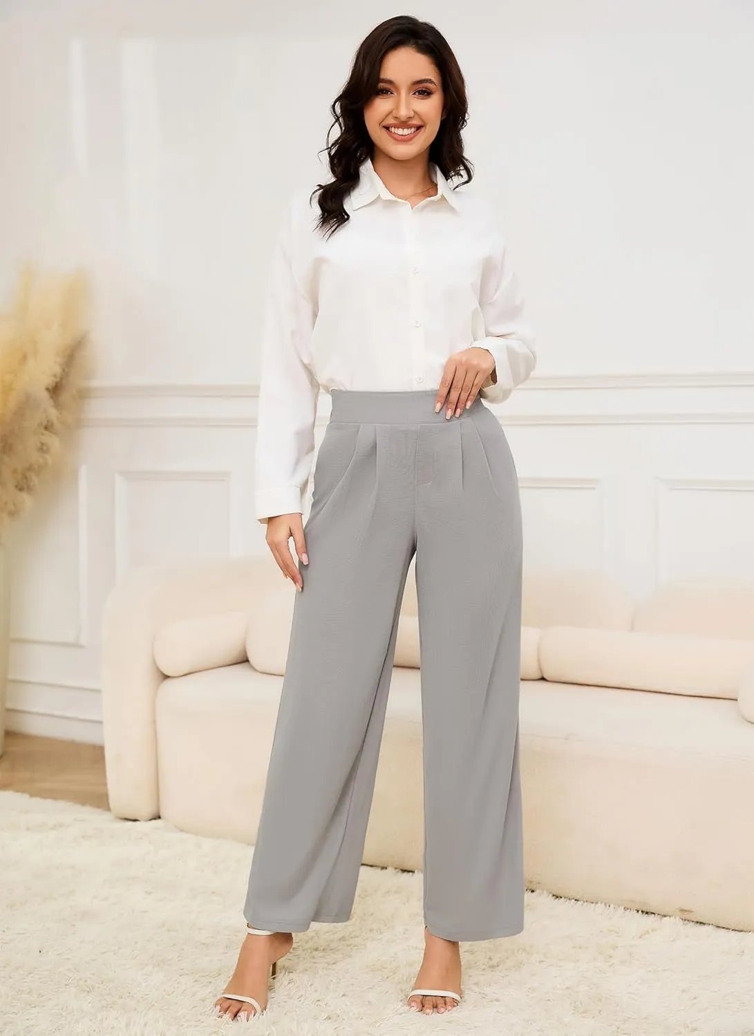 HVT Wide Leg Pants for Women High Elastic Waisted Work Pants Business Palazzo Trousers with Pockets