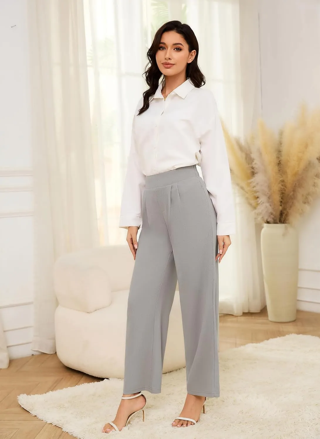 HVT Wide Leg Pants for Women High Elastic Waisted Work Pants Business Palazzo Trousers with Pockets