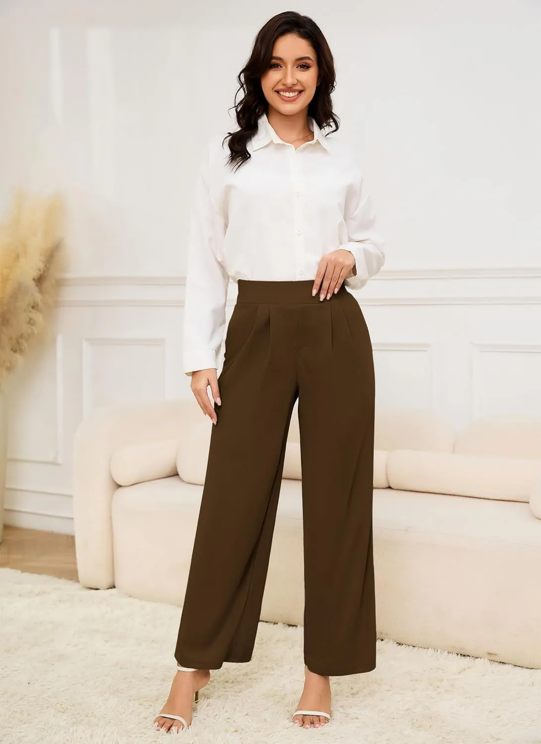 HVT Wide Leg Pants for Women High Elastic Waisted Work Pants Business Palazzo Trousers with Pockets