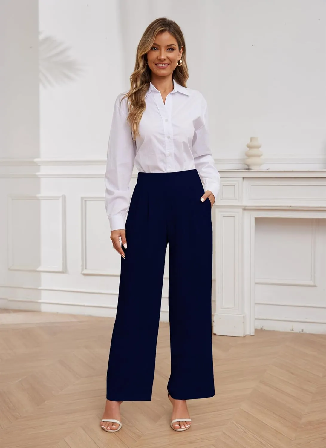 HVT Wide Leg Pants for Women High Elastic Waisted Work Pants Business Palazzo Trousers with Pockets