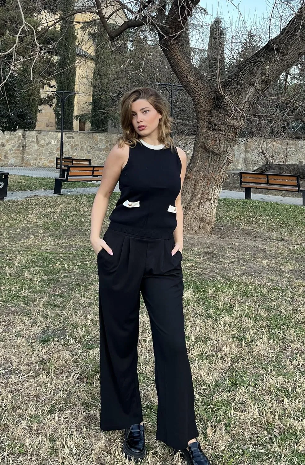 HVT Wide Leg Pants for Women High Elastic Waisted Work Pants Business Palazzo Trousers with Pockets