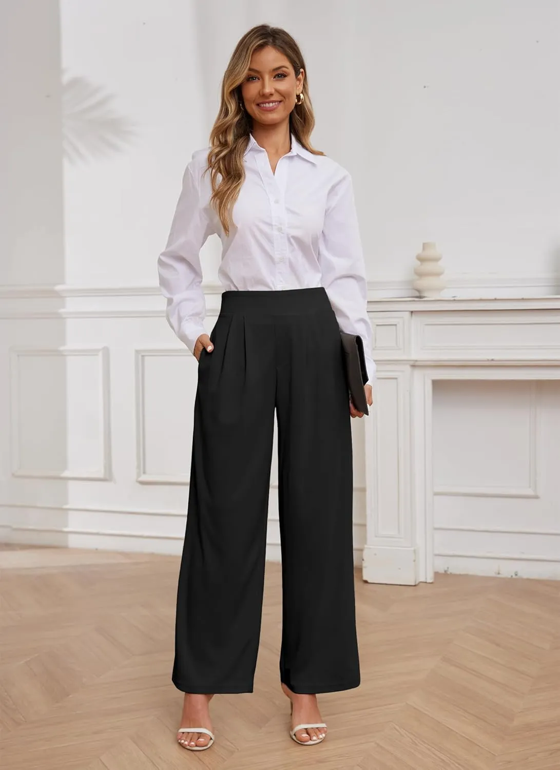 HVT Wide Leg Pants for Women High Elastic Waisted Work Pants Business Palazzo Trousers with Pockets