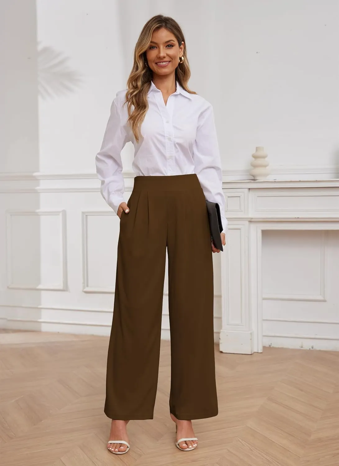 HVT Wide Leg Pants for Women High Elastic Waisted Work Pants Business Palazzo Trousers with Pockets