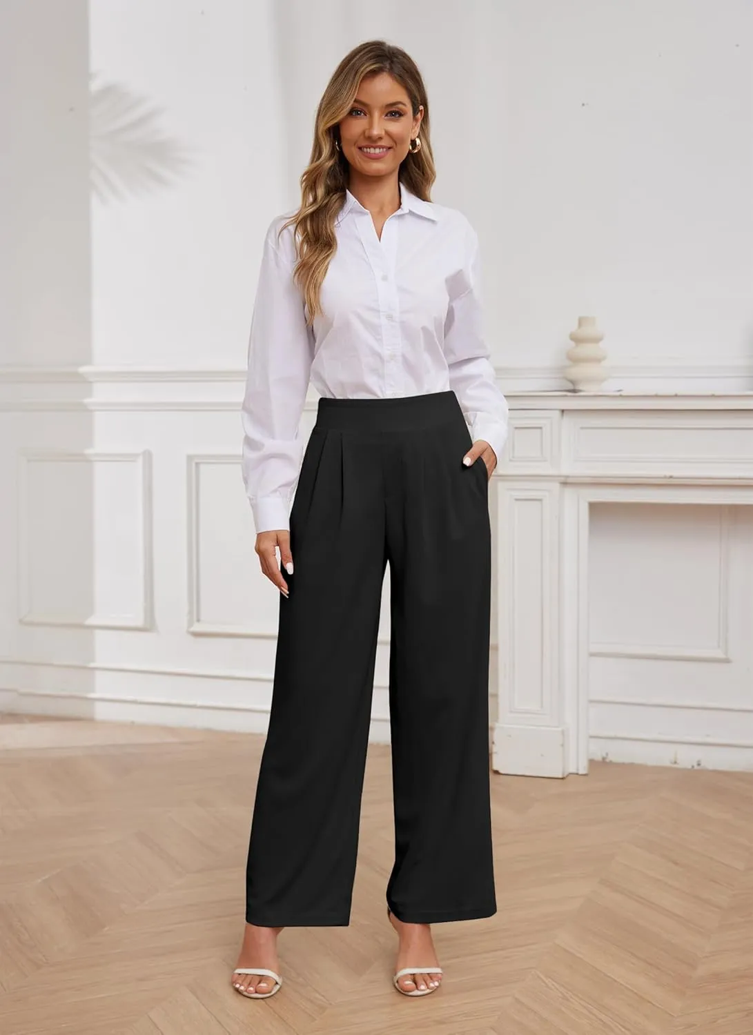 HVT Wide Leg Pants for Women High Elastic Waisted Work Pants Business Palazzo Trousers with Pockets
