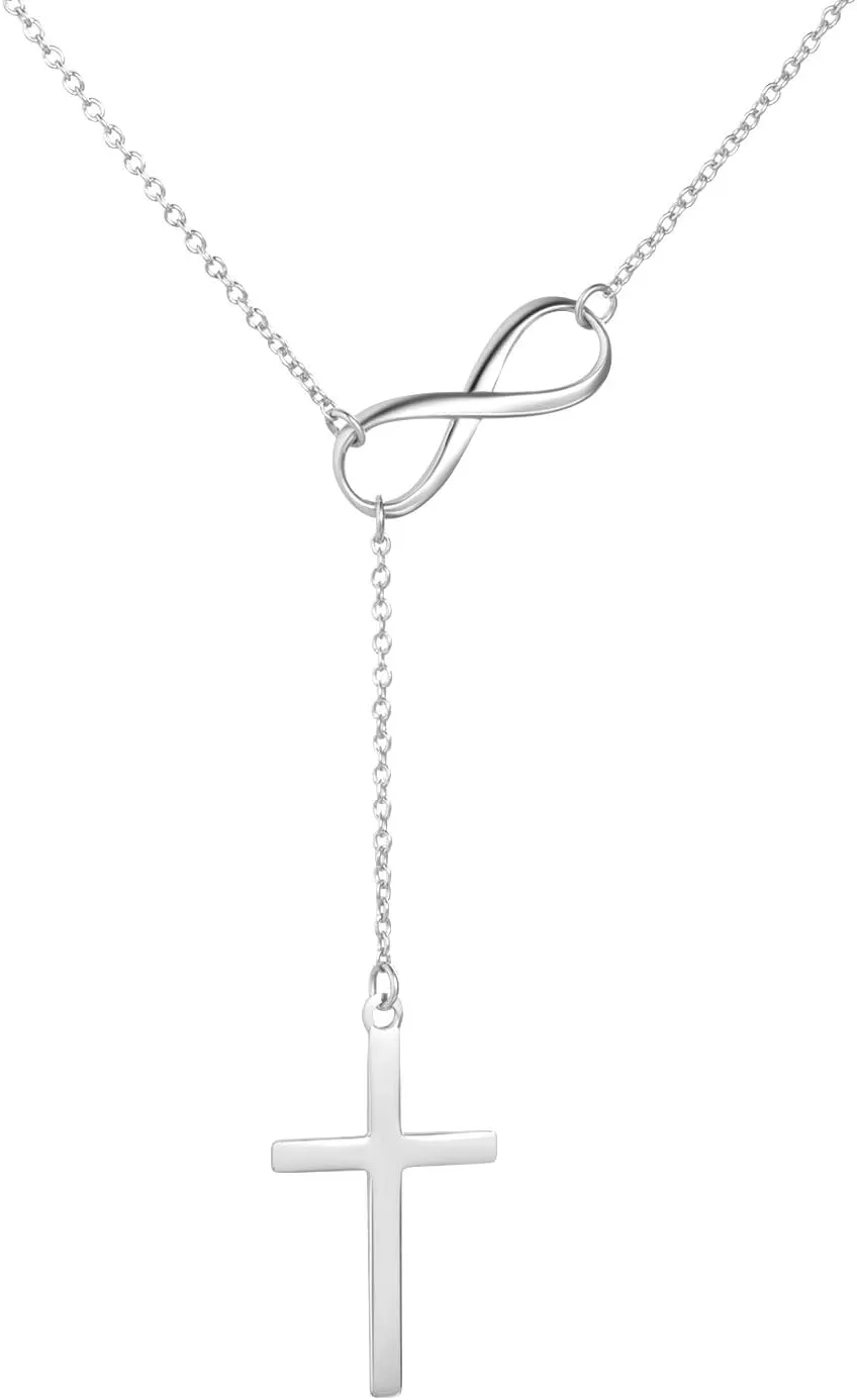 Infinity Cross Pendant Y Necklace Lariat Style | .925 Sterling Silver | 3 Finishes Available
