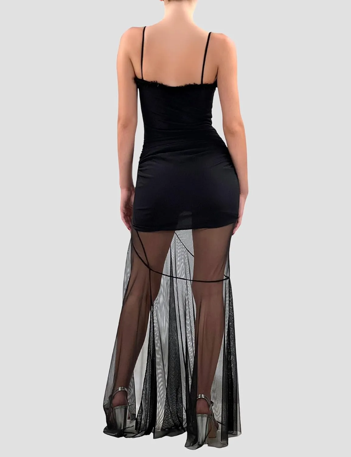 ISZPLUSH Women's Sleeveless All Mesh Dress Sexy Mini Tassel Cut Out See Through Dress High Slit Ruffle Hem Mesh Club Outfit